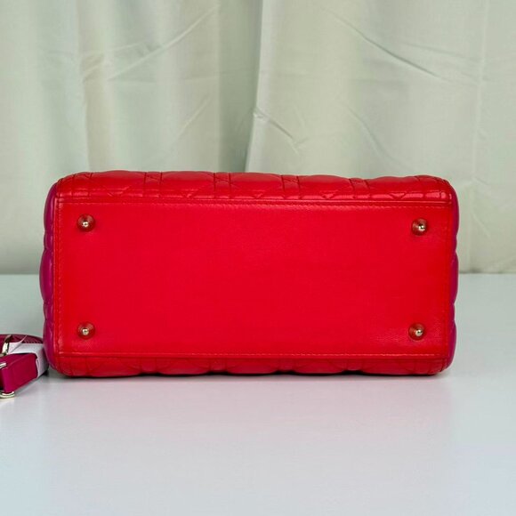 Dior Bi-Color Leather Lady Dior Medium Shoulder Bag - Red Quilted Design - Picture 5 of 10